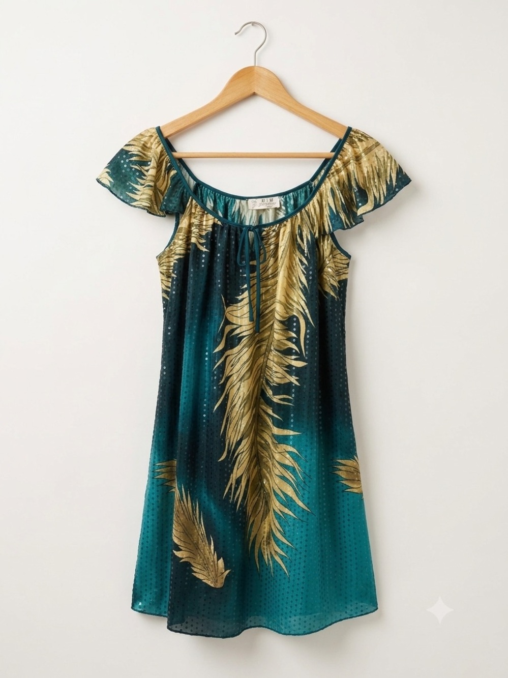 Vintage Babydoll Lingerie Slip Dress with Gold Feather Print